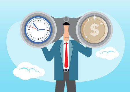 An illustration of businessman look through binoculars to find time and coin money. Time and money are important concepts for investorsのイラスト素材