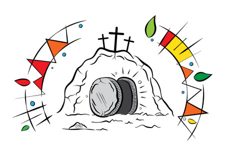 Line art style of Jesusâ empty tomb with the stone rolled aside. Symbolize hope and new lifeのイラスト素材