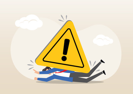 An illustration of frustrated businessman fall under attention sign. Caution or mistake attention, error or failure warning, bankruptcy notice alert, problem attention conceptのイラスト素材