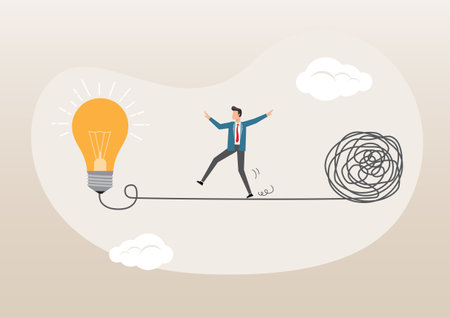 An illustration of businessman walking away from mess chaos line to simple lightbulb idea. Simplify idea to find solution, discover easy way to understand conceptのイラスト素材