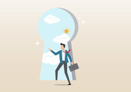 An illustration of Life changing secret door, key to success or step to see new opportunity, courage or business challenge, get out to see outside concept, brave businessman step inside keyhole door to new opportunityのイラスト素材