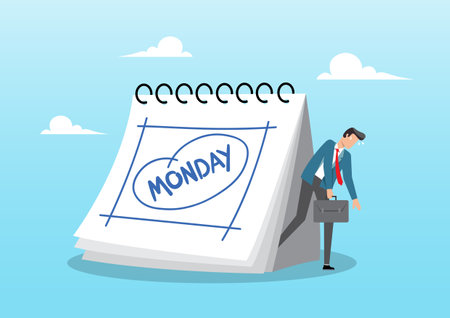 An illustration of tired and sleepy businessman going to work with calendar showing Monday. Monday blues, tired and fear of routine office work, sleepy and frustrated on Monday morningのイラスト素材