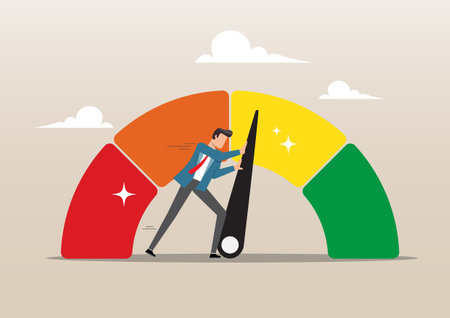 An illustration of businessman pushing skill performance gauge. Push skill level, excellent customer feedback review, gauge scale rating conceptのイラスト素材