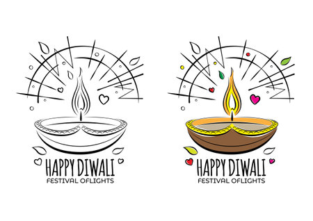 An Illustration of Indian festival Happy Diwali, Line Art Design. Hand drawn vector illustration or drawing of Diwali Diyaのイラスト素材