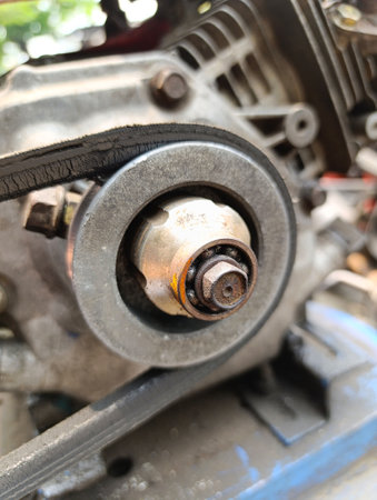 Belt drive of diesel engine air compressor, Pulley and belt transmission view from the centrifugal air compressorの写真素材