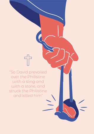 An Illustration of hand of David holding slingshot with stone. Biblical seriesのイラスト素材