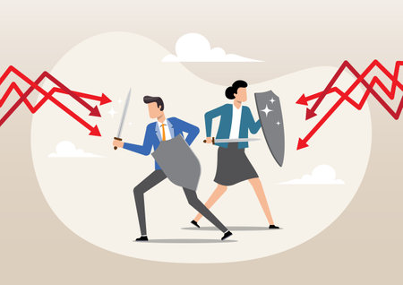 An illustration of business people holding sword and shield to cover and protect from downturn arrow. Protection in economy crisis or market crash, business resilient to survive difficulty conceptのイラスト素材