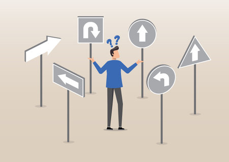 An illustration of businessman look at direction arrows with question marks. Confusion, frustration or decision making, complicated problem, lack of understanding, uncertain conceptのイラスト素材