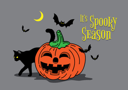 An illustration of Halloween pumpkin decorated with black cat, bats and moonのイラスト素材