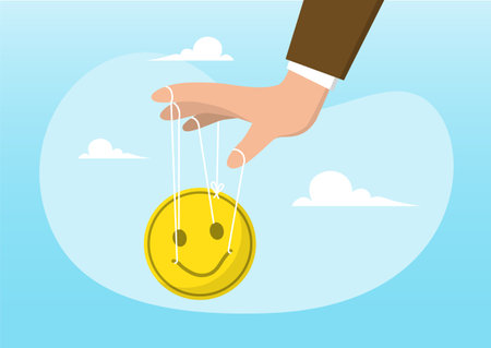 An illustration of businessman hand tied with string to control, manipulate smile face like puppet doll. Control emotion or expression, problem and conflict conceptのイラスト素材