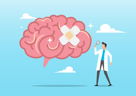 An illustration of doctor analyze cured mental illness brain with bandage. Mental health, depression...