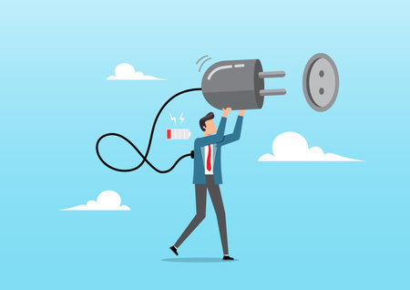 An illustration of exhausted overworked businessman plug electric to recharge energy. Recharge yourself, refresh or recover after tried, supply motivation conceptのイラスト素材