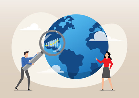 An illustration of businessman with magnifier on globe with chart and graph. World economic analysis, global investment or international business opportunity research, forecast and analyze financial information conceptのイラスト素材