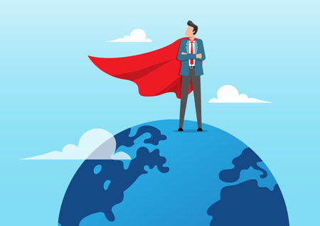 An illustration of Businessman superhero standing on planet earth. Business worldwide winner, achievement, victory or international success, globalization business concept.のイラスト素材