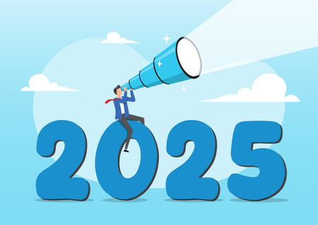 An illustration of businessman look through telescope on year 2025. Year 2025 outlook, business...