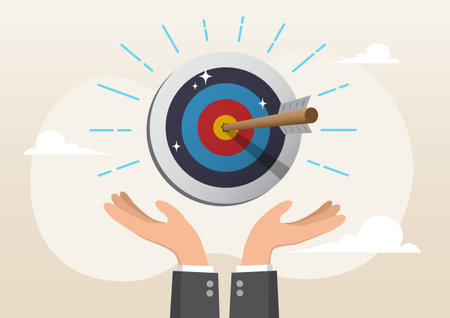 An illustration of businessman hand hold target with arrow hit bullseye. Goal or target, purpose or...