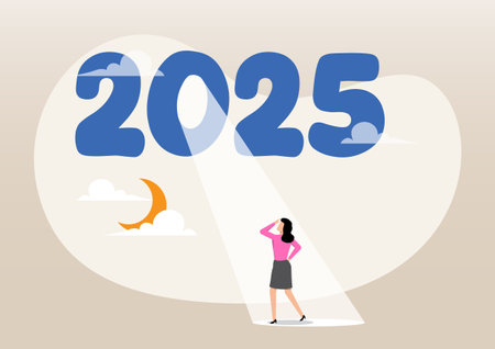 An illustration of Year 2025 with bright spotlight from number zero light up on hopeful businesswoman. Bright future on economic recovery, hope or motivation to overcome difficulty conceptのイラスト素材