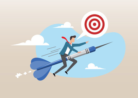 An illustration of confidence businessman riding dart aiming for target. Aiming for target or goal, determination and strategy to reach target and achieve aspiration and direction to win and victoryのイラスト素材