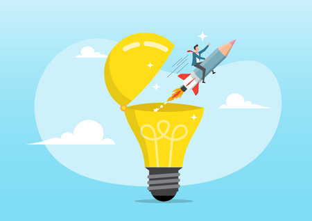 An illustration of man riding pencil rocket from opening lightbulb. Creativity to create new idea, imagination or invention, writing content or boost creative thinking conceptのイラスト素材