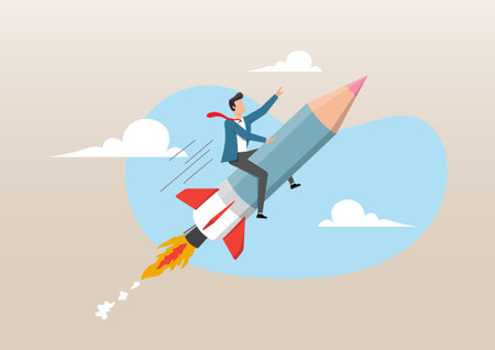 An illustration of creative man riding pencil rocket flying in the sky. Pencil rocket as education, creativity or fun idea, launch new project or business improvement conceptのイラスト素材