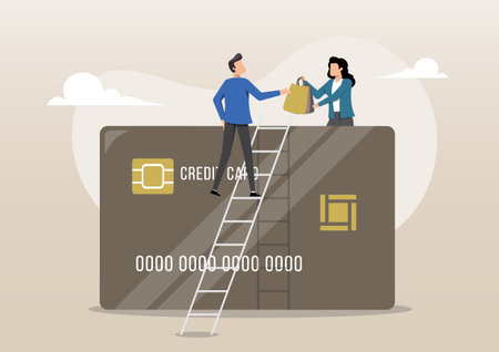 An illustration of a man climbing a ladder onto a giant credit card to deliver a shopping bag to a woman. This image represents the use of credit cards for shopping and transactionsのイラスト素材