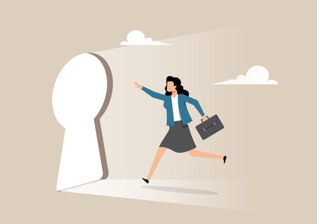 An illustration of a confident businesswoman running toward a large, glowing keyhole, symbolizing an open opportunity or breakthrough.のイラスト素材