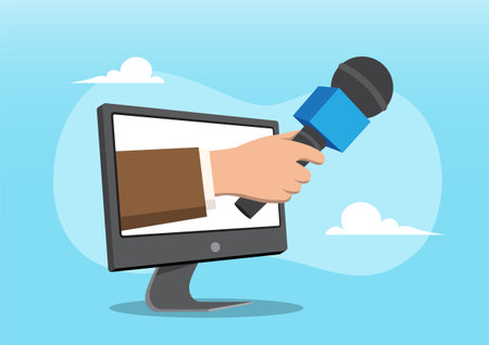 An illustration of a human hand extending out from the screen of a desktop computer monitor and holding a professional-style microphone. Conveying concepts related to online journalism, digital media, virtual interviews and live streaming eventsのイラスト素材