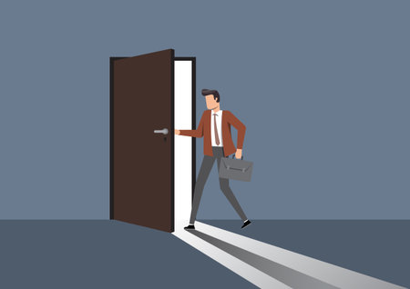 An illustration of a businessman opening and stepping through a door with light shining through, symbolizing opportunity, career change, decision-making or new beginningsのイラスト素材
