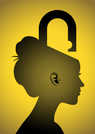 An illustration of a woman's head in profile features a prominent, open padlock symbol integrated into the top of her head, with the shackle raised. This powerful and minimalist conceptual illustration symbolizes themes of unlocking the mind, intellectual freedom, open-mindedness, new ideasのイラスト素材