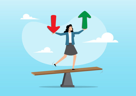 An illustration of a businesswoman performing a balancing act on a wooden seesaw. She holds a green upward-pointing arrow and a red downward-pointing arrow in her hands.のイラスト素材