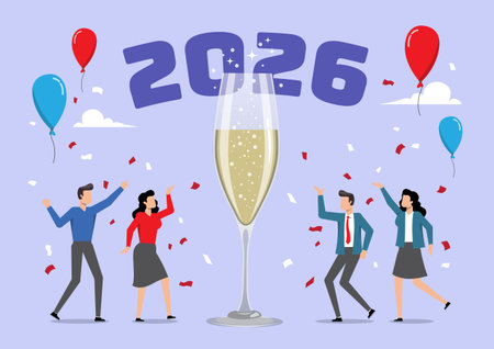 An illustration of business people employee with smile happy face celebrating new year 2026 party....