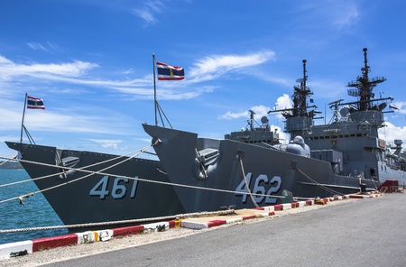 Battleship docked at the harborのeditorial素材