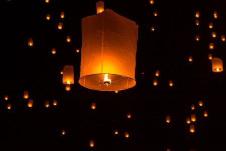 Floating Lantern on Yee Peng festival, thai lanna traditional religion in northern thailand,It seems the stars in the sky の写真素材