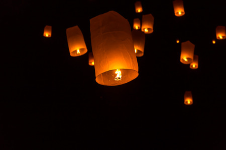 Floating Lantern on Yee Peng festival, thai lanna traditional religion in northern thailand,It seems the stars in the sky の写真素材