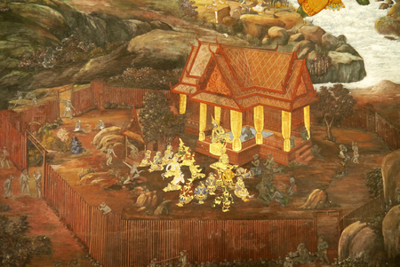 BANGKOK, THAILAND - October 25: Thai mural paintings at Wat Phra Kaew on October 25, 2013 in Bangkok, Thailand. Scenes from Ramakian or Ramayana story are painted in the gallery along the temple's wallのeditorial素材