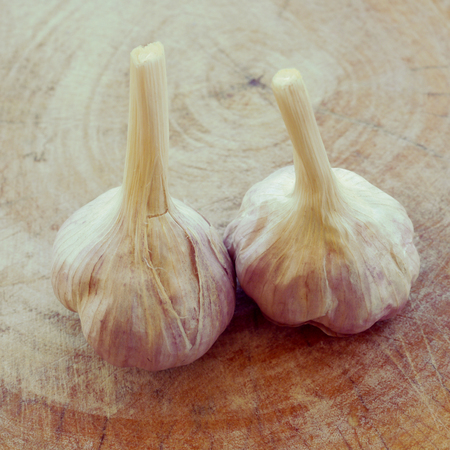 garlic on wood retro-vintage styleの写真素材
