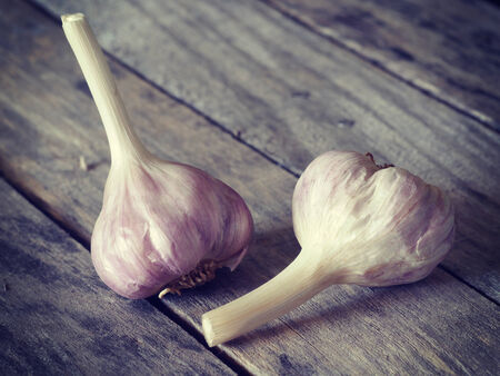 garlic on wood retro-vintage styleの写真素材
