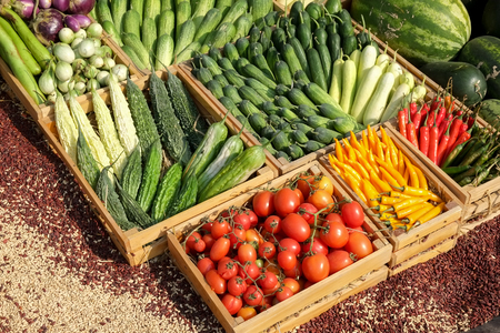 Colorful fruits and vegetables backgroundの写真素材