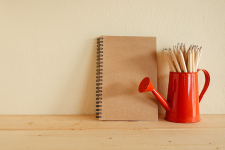 Concept of education or back to school Pencil on wooden background tableの写真素材