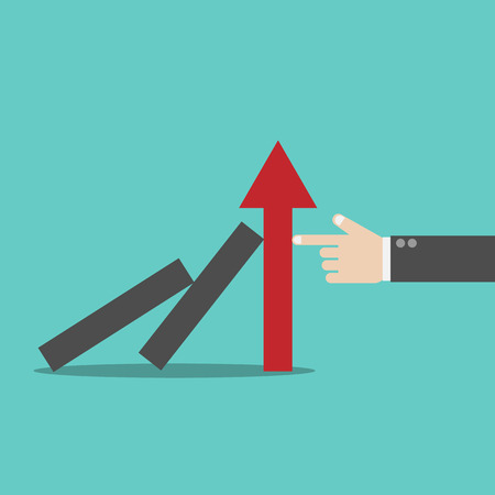 Successful strong confident businessman stopping domino effect.のイラスト素材