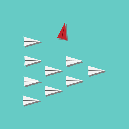 Red airplane changing direction and white ones. New idea, change, trend, courage, creative solution, innovation and unique way concept.のイラスト素材
