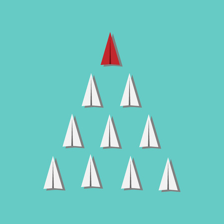 White and red paper planes flying in  blue sky. Leadership, success, teamwork, management, boss, motivation and business concept.のイラスト素材