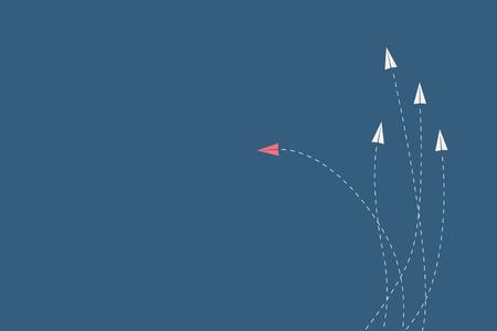 Minimalist stile red airplane changing direction and white ones. New idea, change, trend, courage, creative solution, innovation and unique way concept.のイラスト素材