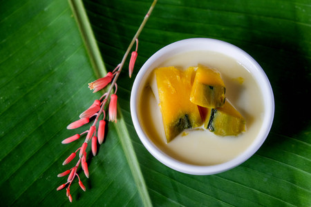 Thai style dessert, pumpkin sliced in sweet coconut milk.の写真素材