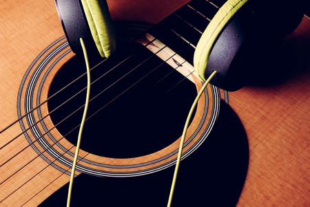 Close Up shot photo of Classic acoustic guitar with filter effect retro vintage styleの写真素材