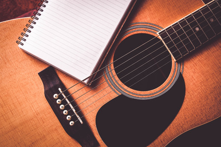 Close Up shot photo of Classic acoustic guitar with filter effect retro vintage styleの写真素材
