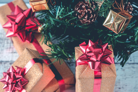 gift box for christmas and happy new year with filter effect retro vintage styleの写真素材