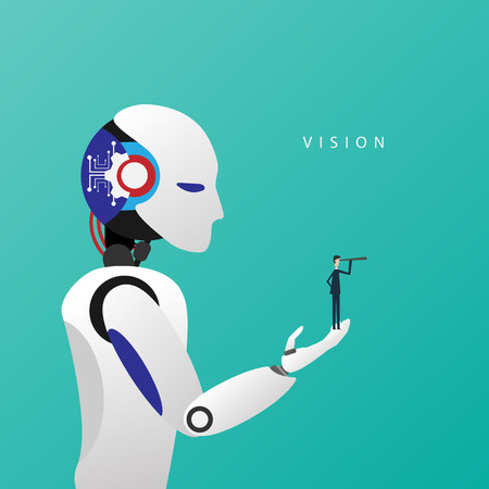 Minimalist stile. Vector business finance. Successful vision concept with icon of businessman and telescope in robot hand, symbol leadership, strategy, mission, objectives.のイラスト素材