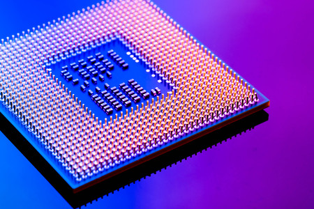 technology cyber electronic concept. cpu ram computer on blue light background