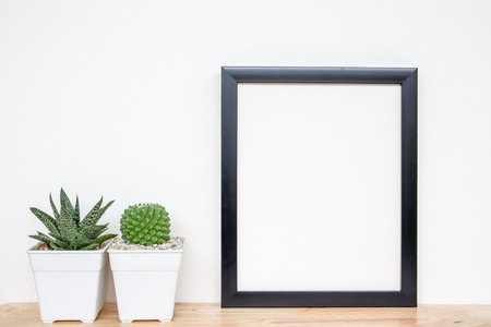 succulents or cactus in concrete pots over white background on the shelf and mock up frame photo